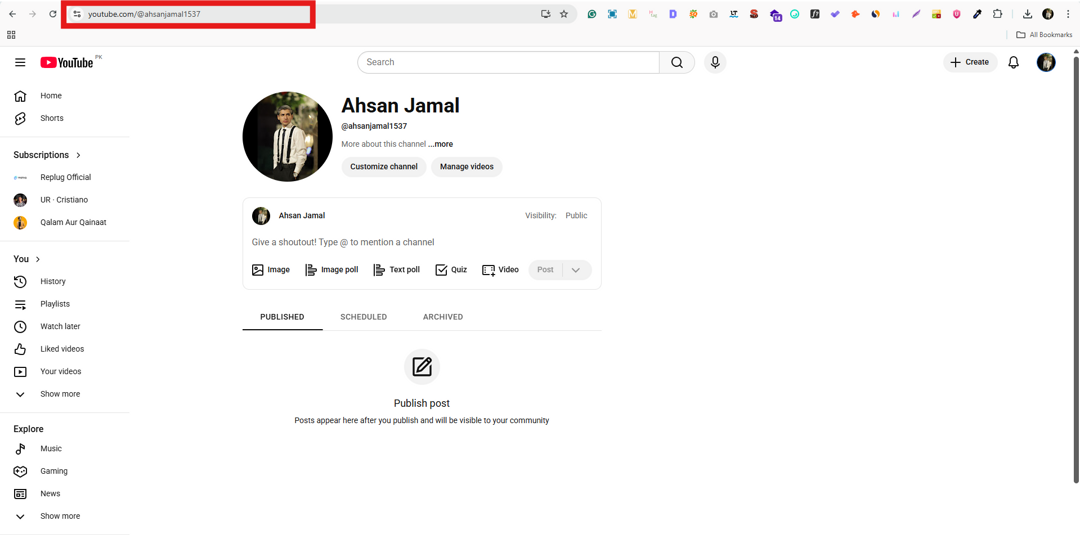 Channel’s link on YouTube web app