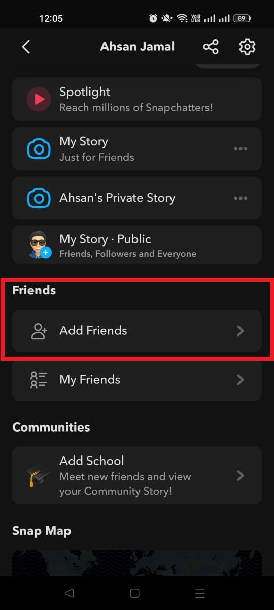 Add Friends option on Snapchat app