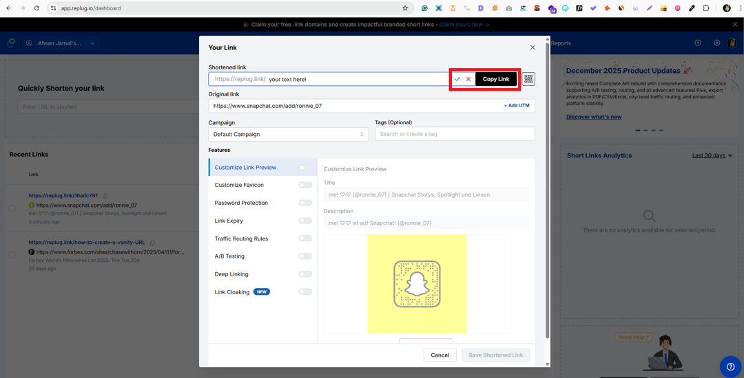Copy Link button in Replug app