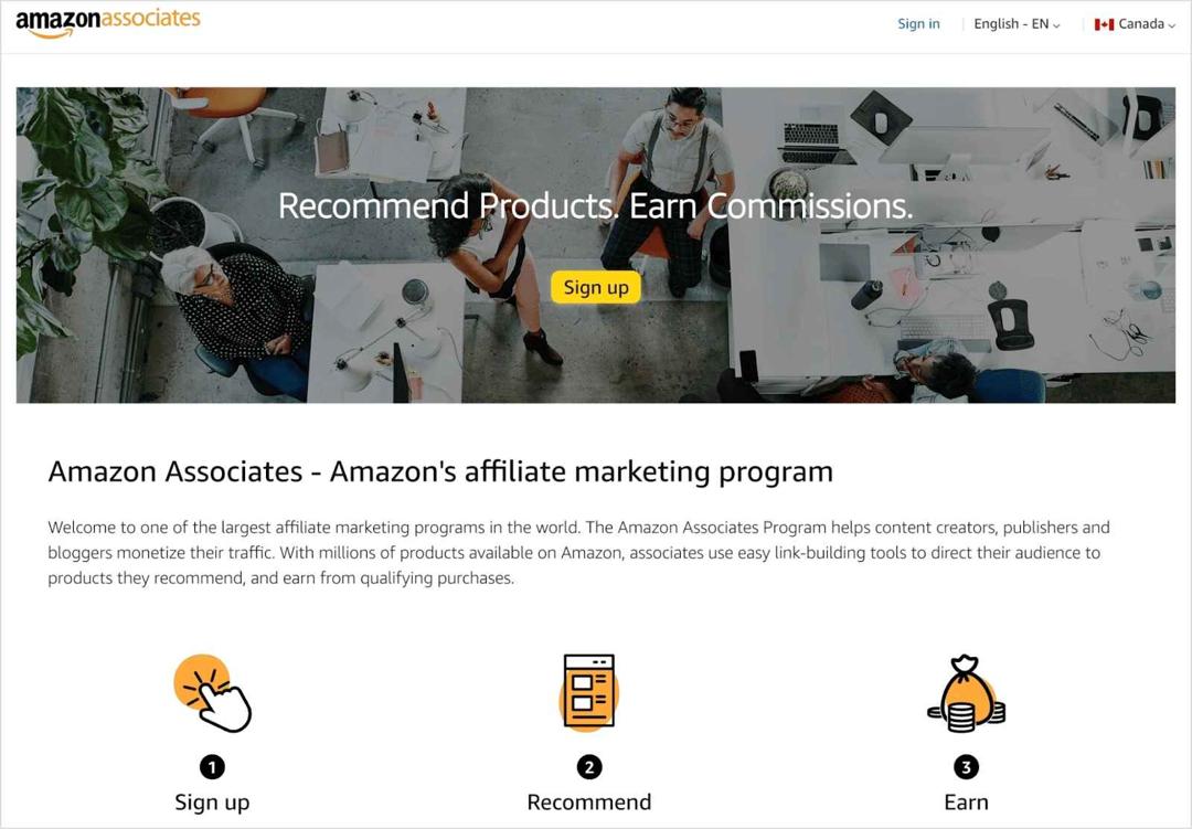 Screenshot of Amazon Associates homepage