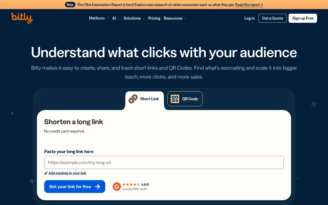 Bitly homepage with the Shorten a long link form for short links and QR Codes (screenshot, October 2026)