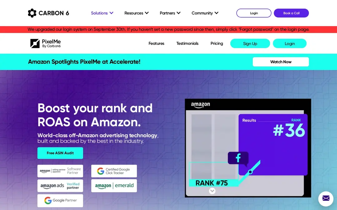 PixelMe by Carbon6 page: world-class off-Amazon advertising technology for Amazon sellers (screenshot, October 2026)