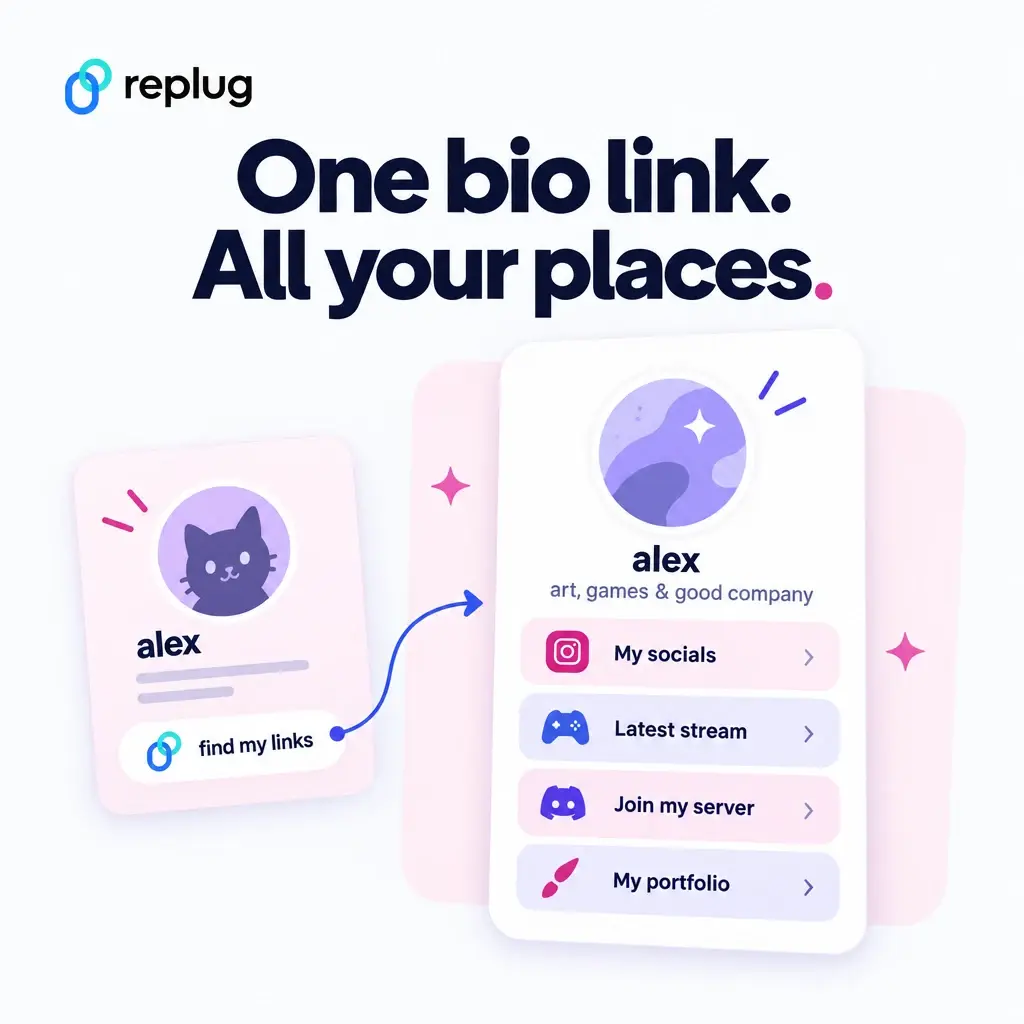 Illustration of one bio link connecting a creator's socials, stream, server and portfolio
