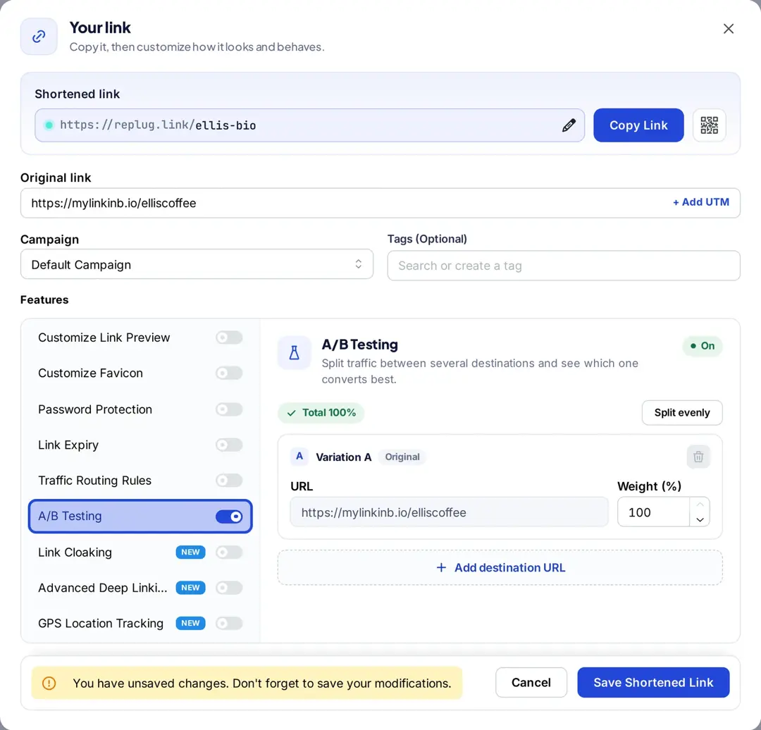 Replug Your link dialog with the A/B Testing feature switched on for a bio page short link