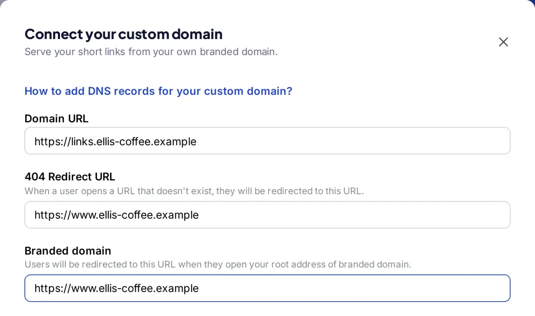 Connect your custom domain window in Replug with the Domain URL, 404 Redirect URL and Branded domain fields filled in