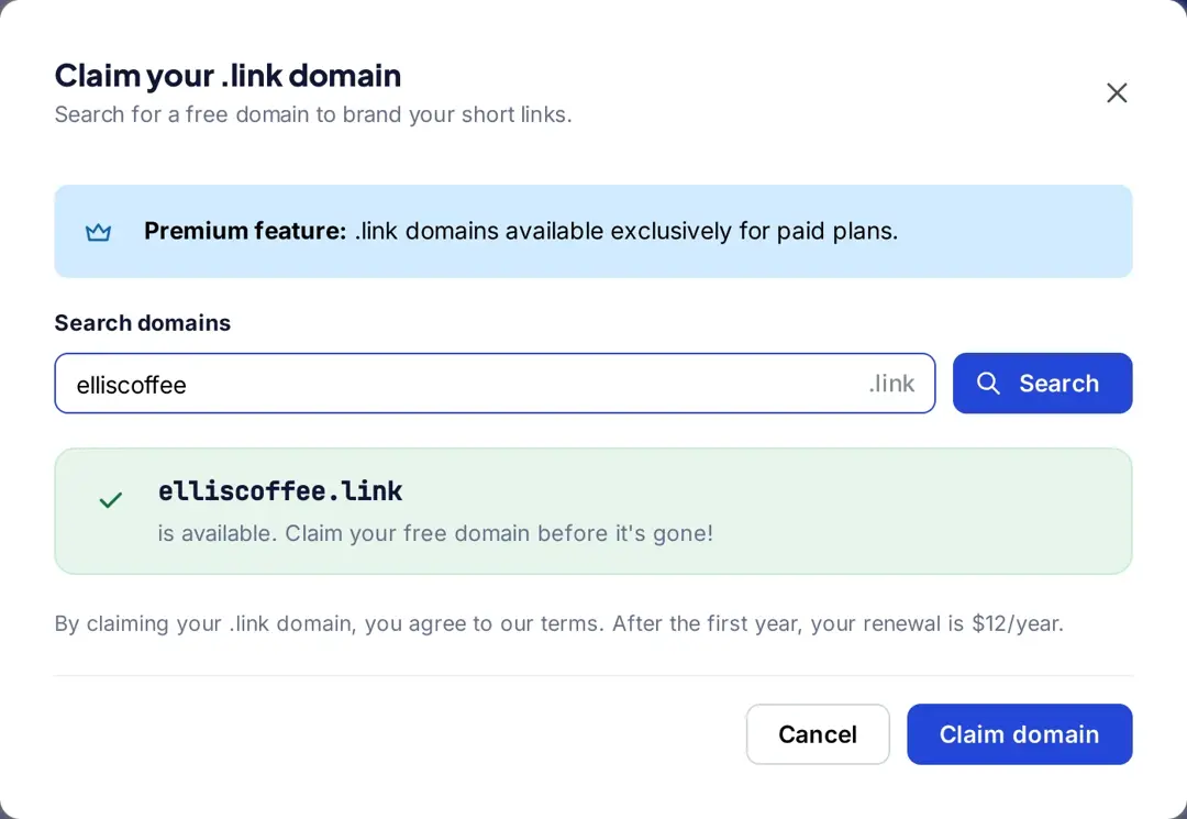 Claim your .link domain window in Replug showing elliscoffee.link as available, the $12 a year renewal note and the Claim domain button
