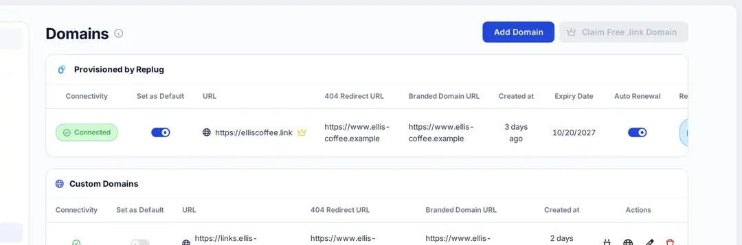 Replug Domains page listing the claimed elliscoffee.link under Provisioned by Replug as connected and a custom domain below