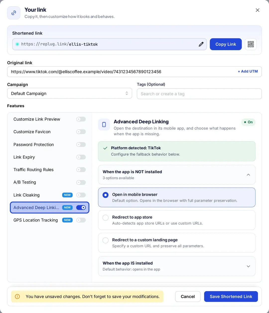 Replug link editor with Advanced Deep Linking turned on, TikTok detected and fallback options for when the app is not installed