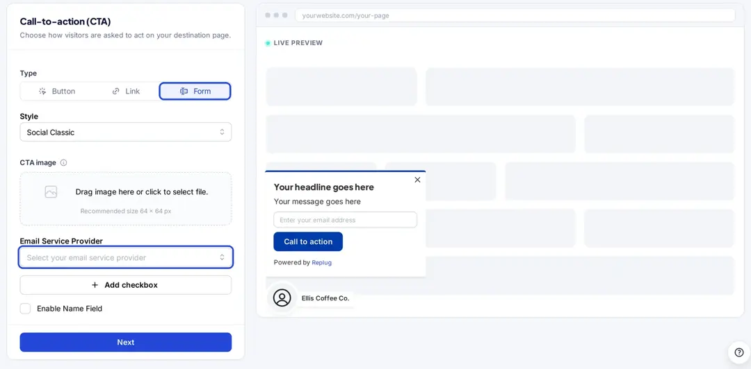 Replug Call-to-action step with the Form type selected and the Email Service Provider field highlighted, next to a live preview of an email sign-up form