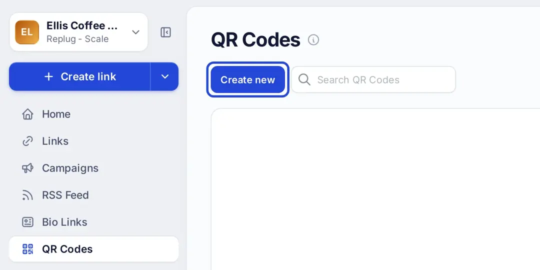 Replug QR Codes page with the Create new button highlighted