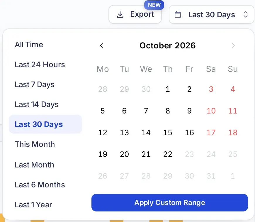 Replug analytics date range picker with Last 30 Days selected and a custom range calendar