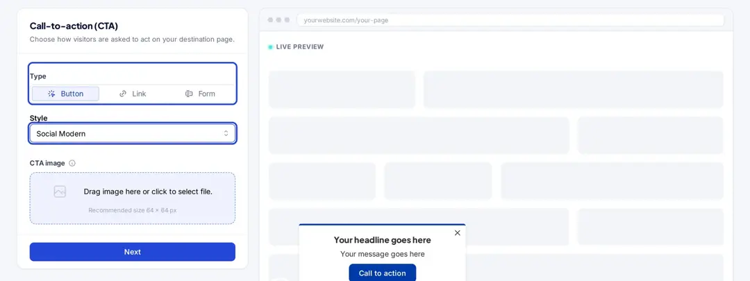 Replug Call-to-action step with the Button type and the Social Modern style selected
