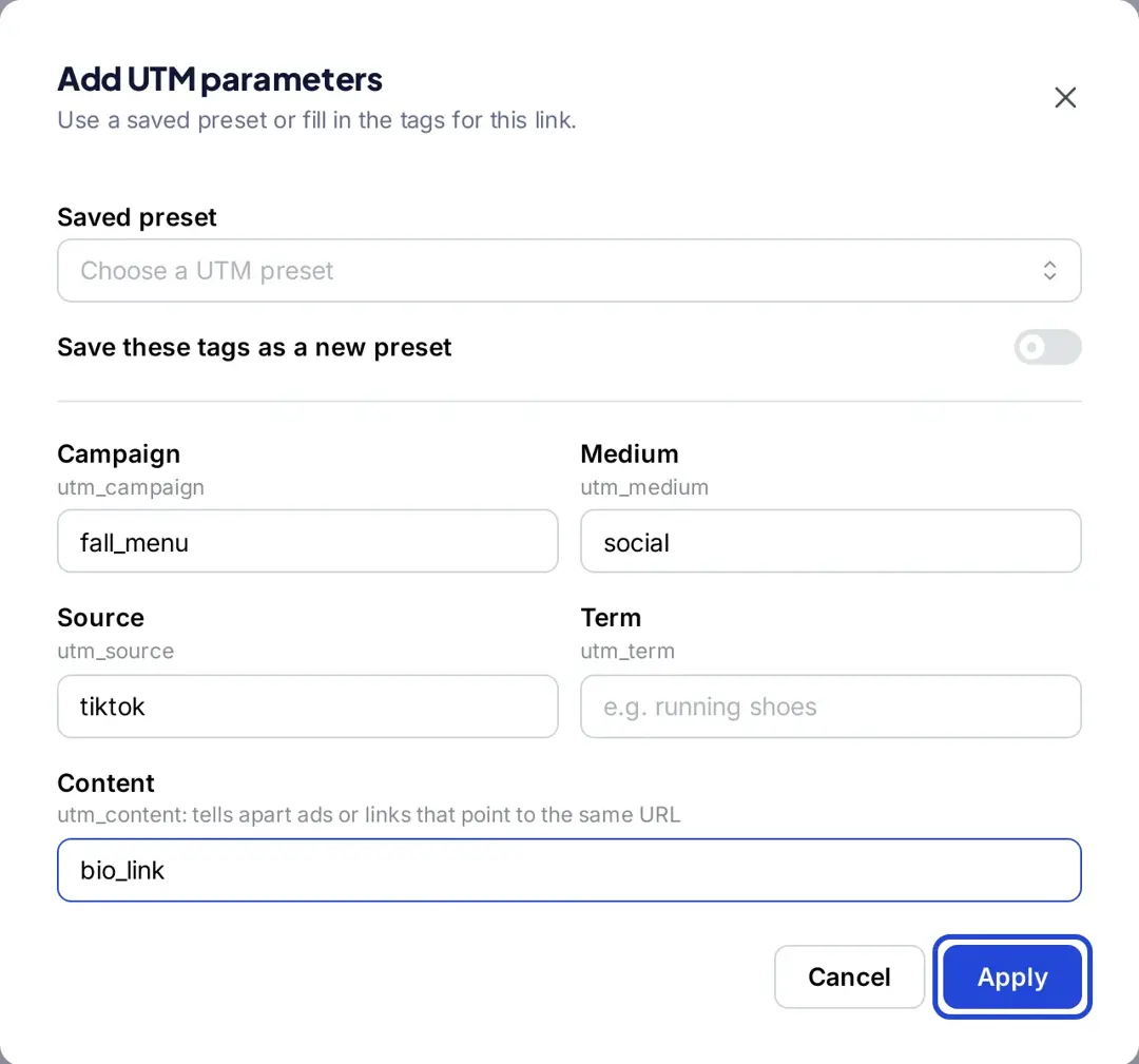 Replug Add UTM parameters window with campaign fall_menu, medium social, source tiktok and content bio_link