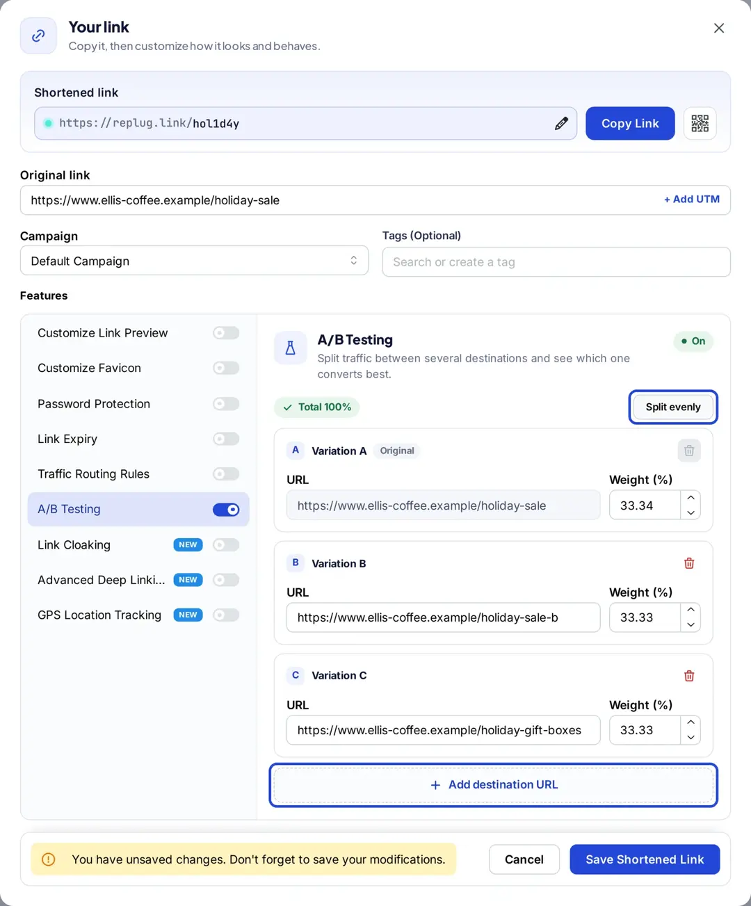 Replug A/B testing with three destination URLs split evenly at about 33 percent each and the Add destination URL button