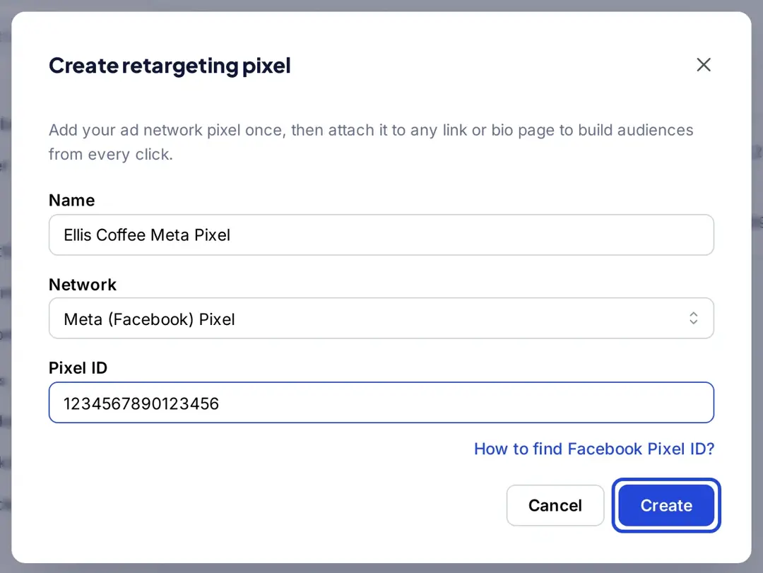 Replug Create retargeting pixel dialog with a name, the Meta (Facebook) Pixel network and a pixel ID filled in