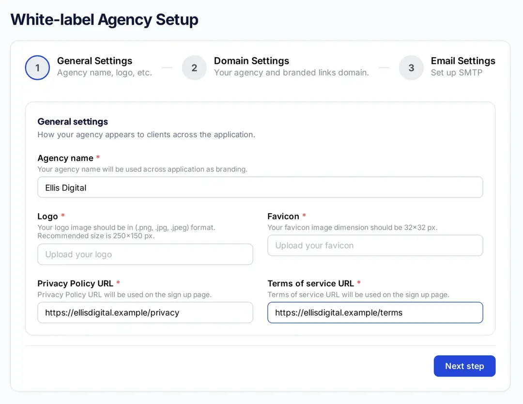 Replug White-label Agency Setup with agency name, logo, favicon, privacy policy and terms of service fields, followed by domain and email settings steps