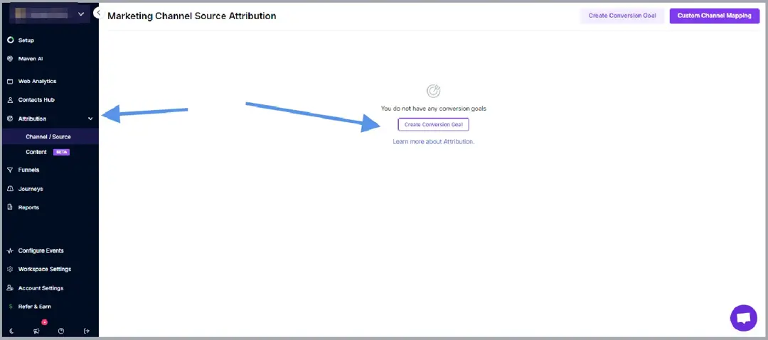 Usermaven sidebar with the Attribution menu and the Marketing Channel Source Attribution page, account name blurred