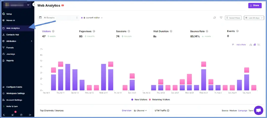 Usermaven Web Analytics dashboard with visitors, pageviews, sessions and a daily chart, account name blurred