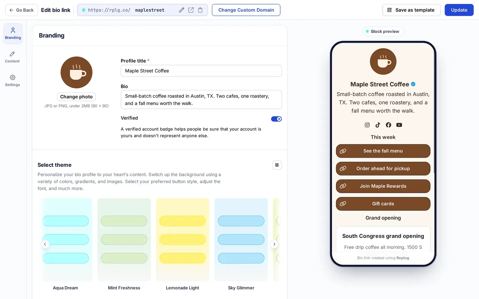 Der Bio-Link-Editor von Replug: Profilfoto, Titel und Bio links, rechts eine Live-Handyvorschau der Seite von Maple Street Coffee