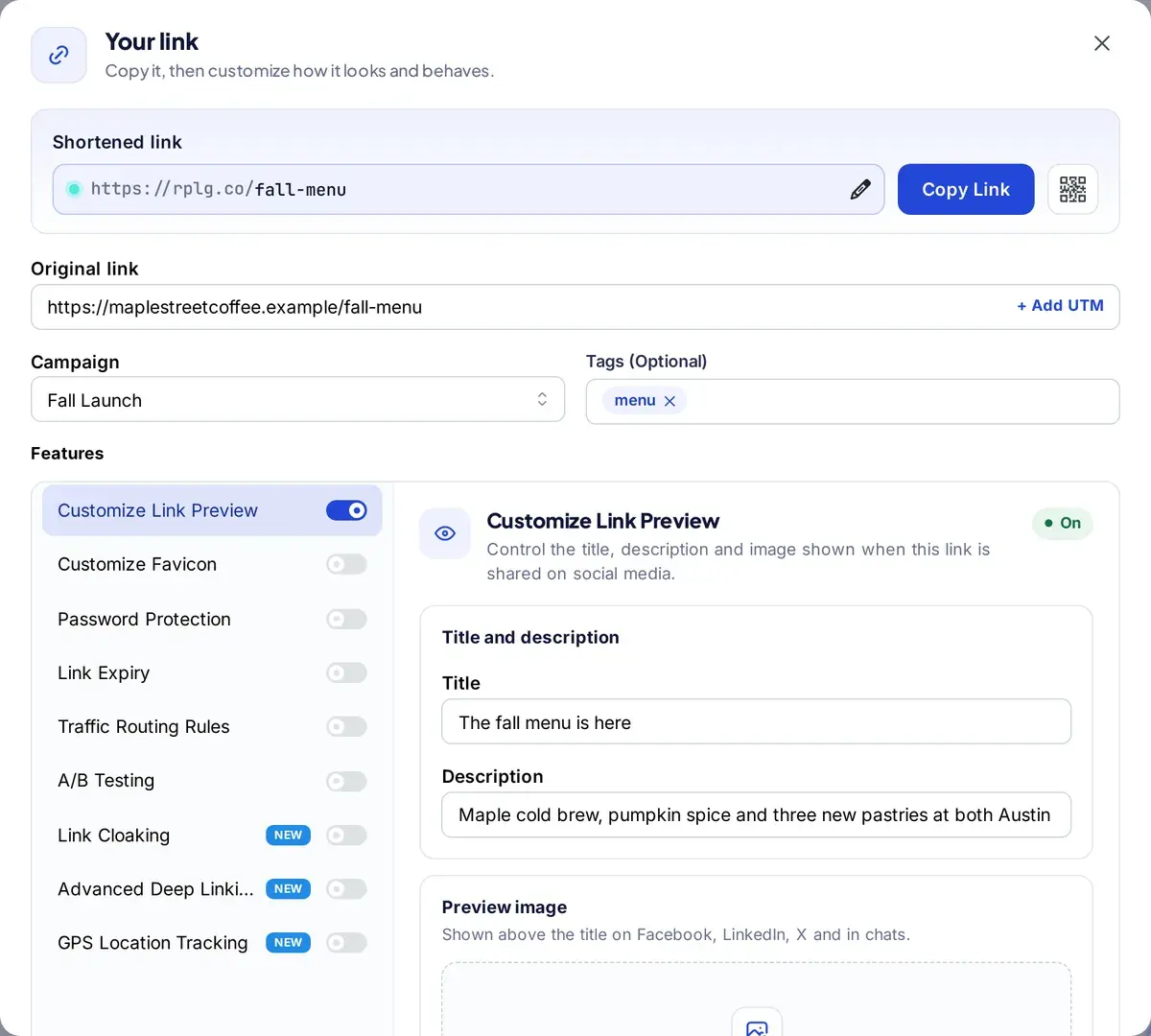 Link settings in Replug: the short link rplg.co/fall-menu, its campaign and tags, and switches for link preview, password protection, link expiry, traffic routing and A/B testing