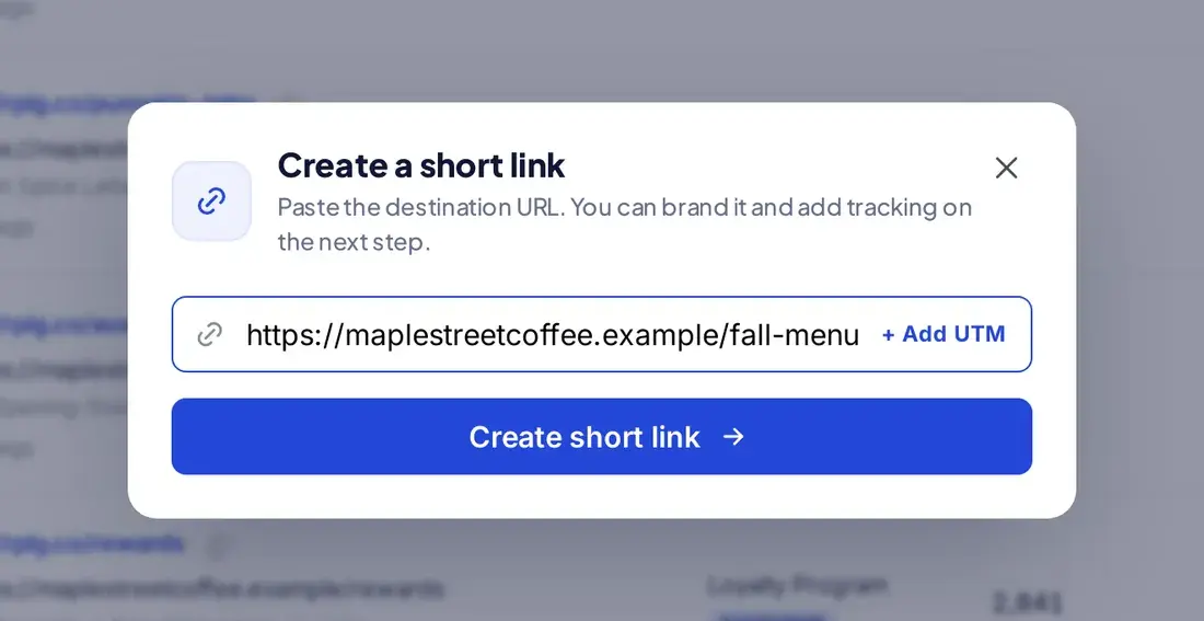 The Create a short link window in the Replug dashboard with a long URL pasted in