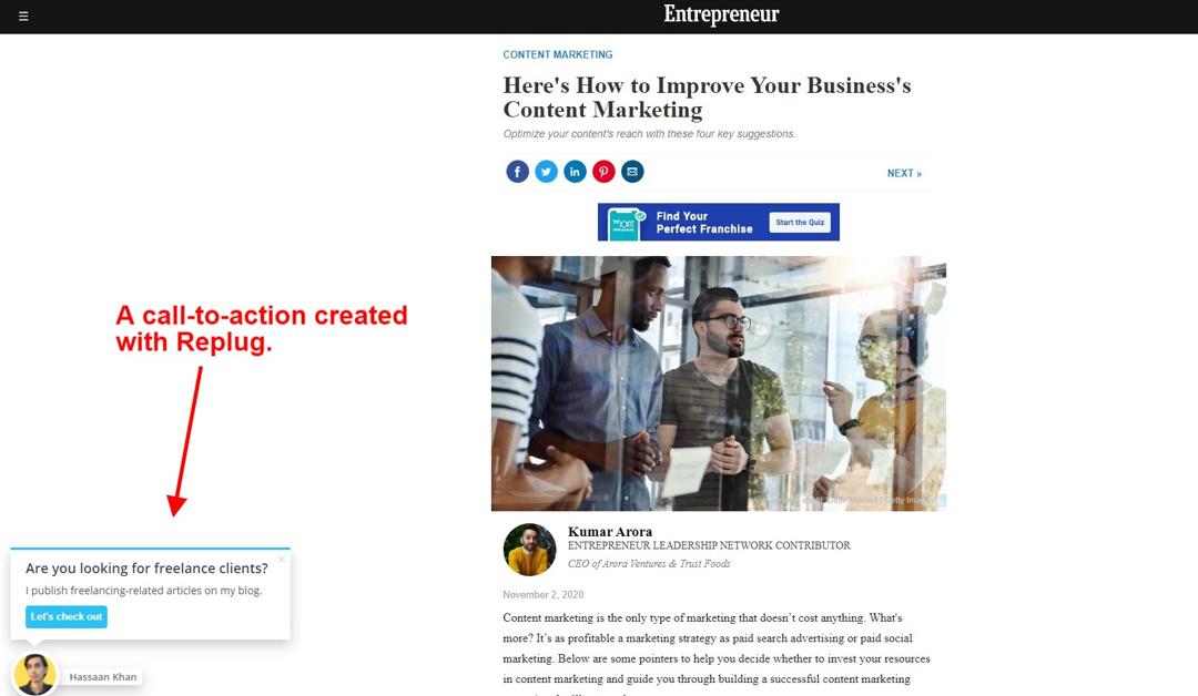 An example of call-to-action created via Replug on Entrepreneur