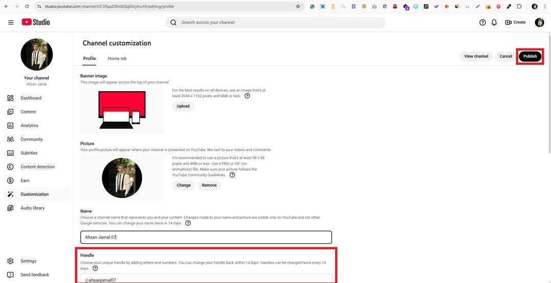 Change Handle on YouTube on desktop