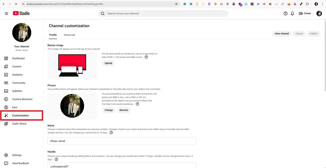Customization option in YouTube Studio on desktop