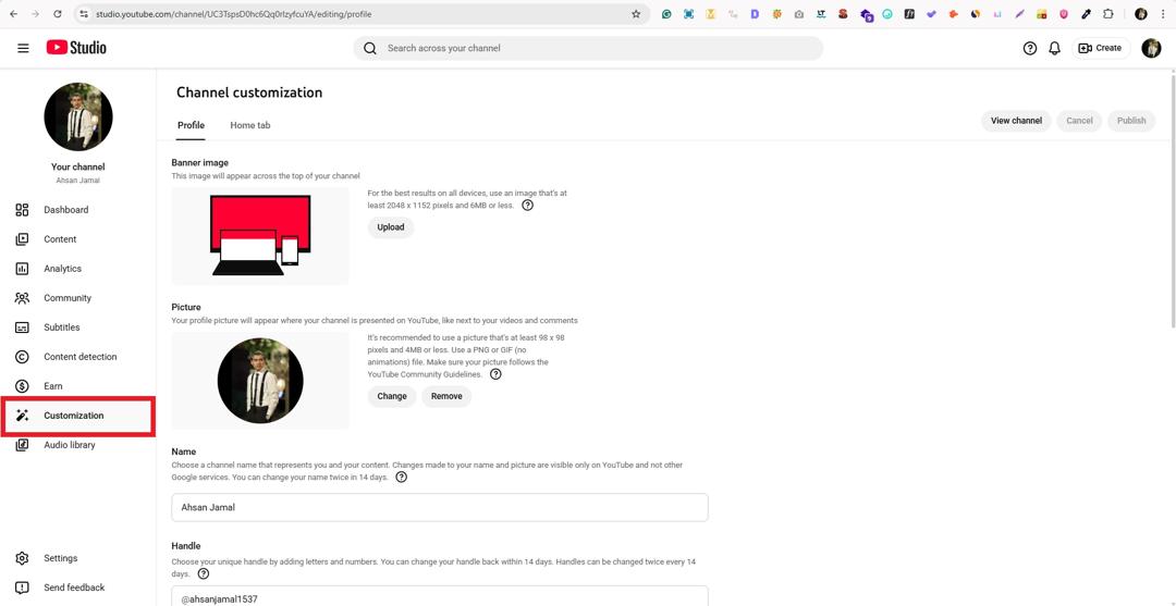 Customization option in YouTube Studio
