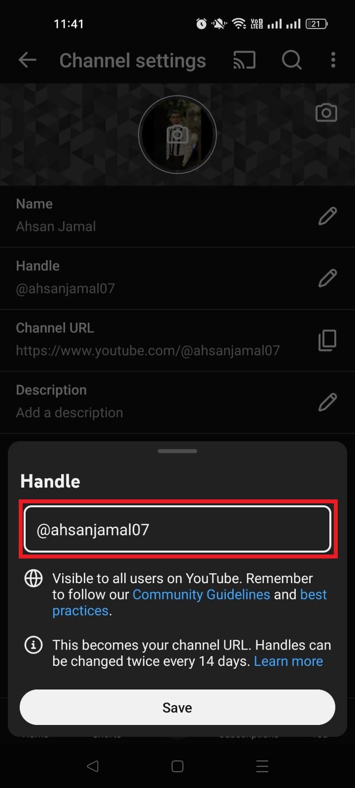 Edit Handle in YouTube app