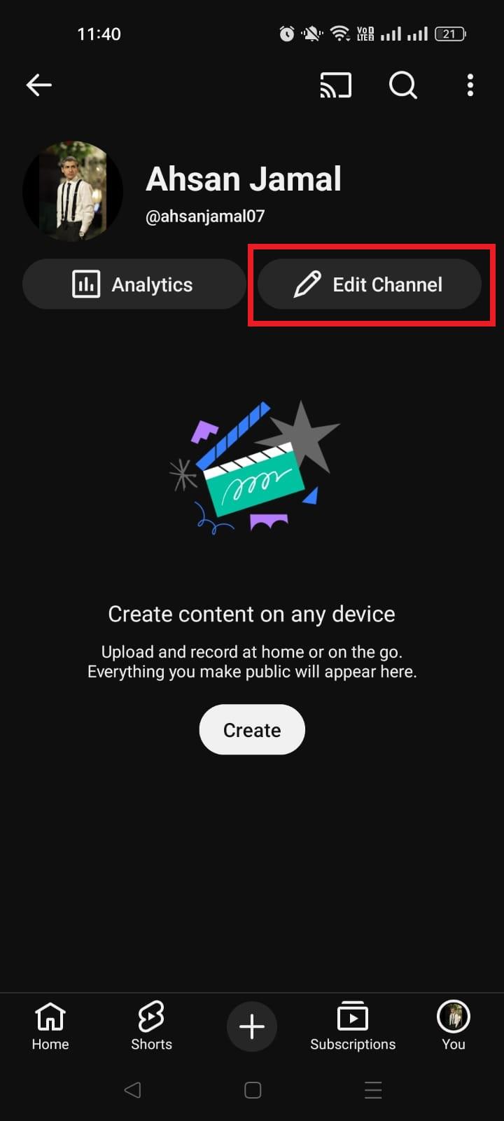 Edit channel button in YouTube app