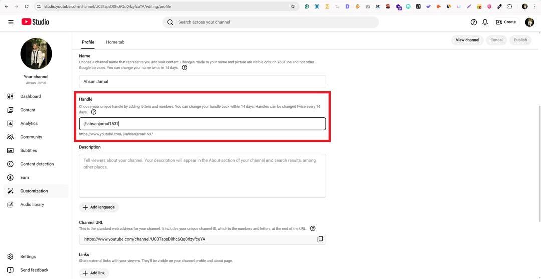 Handle option in YouTube Studio