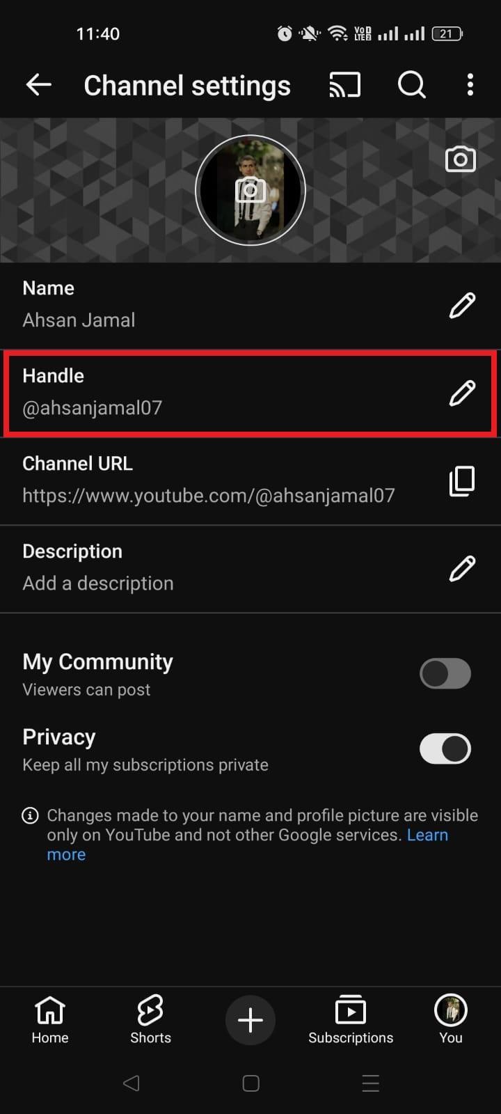 Handle option in YouTube app