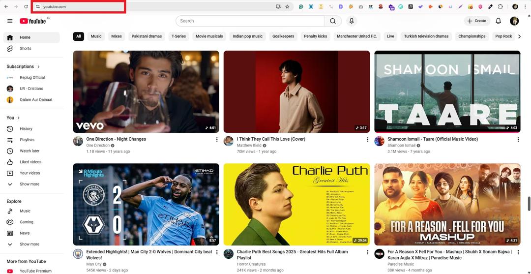 YouTube website on desktop