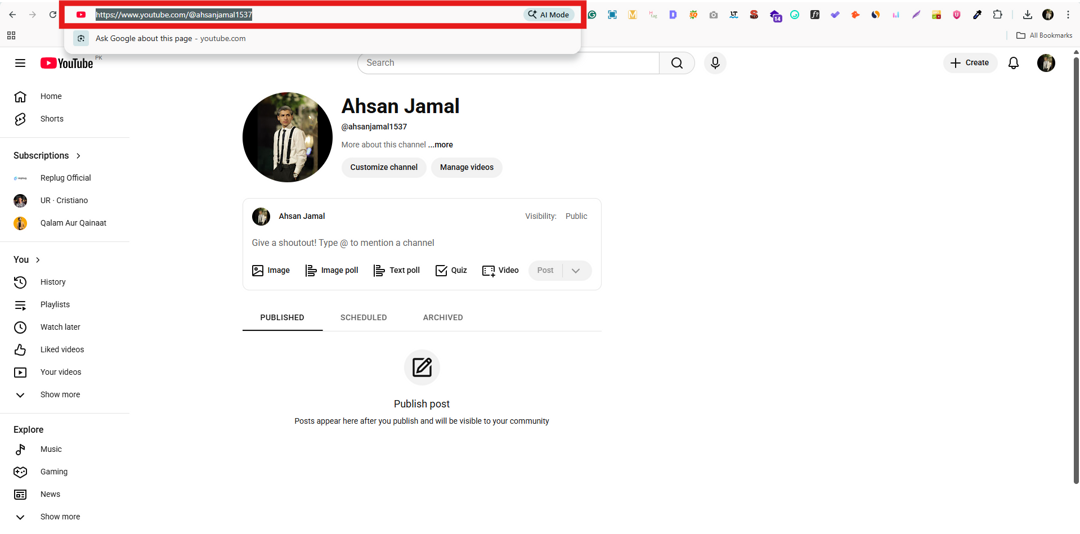 Highlighted whole YouTube channel link