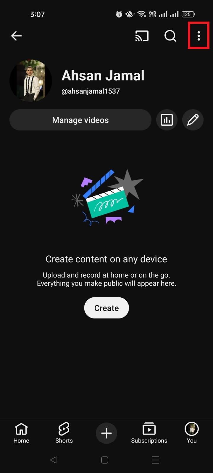Three dots (⋮) menu option in YouTube app