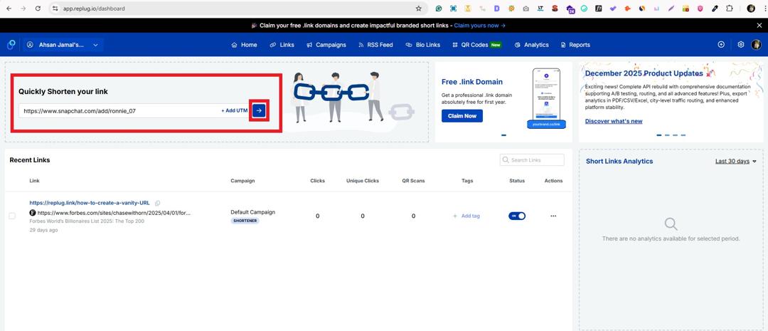 Blue button to create the short link in Replug app