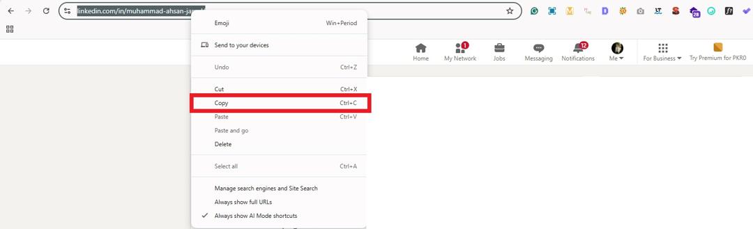 Copy LinkedIn profile URL on PC