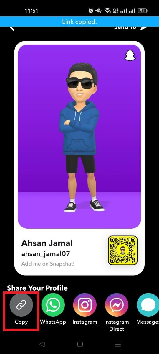 Copy option for your Snapchat profile URL