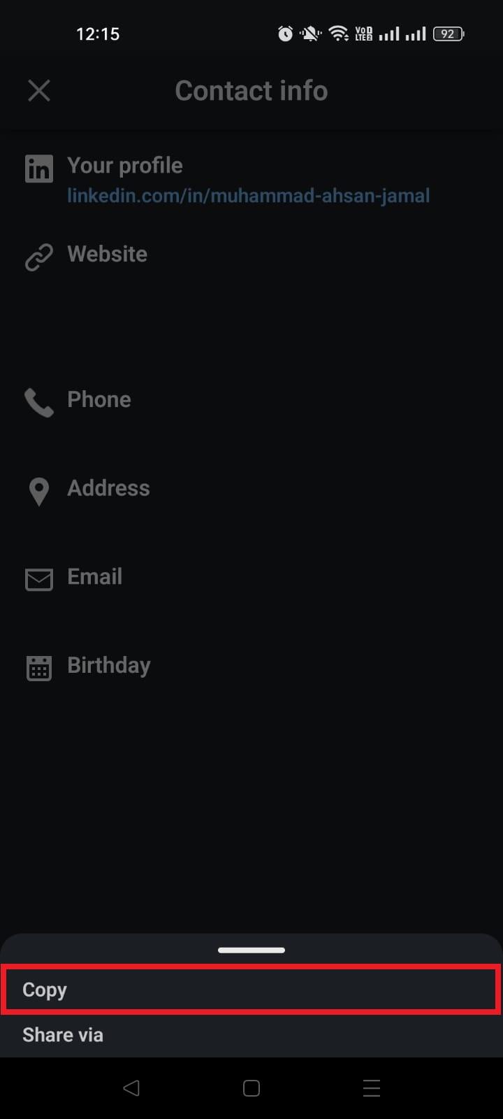 LinkedIn Copy option on smartphone