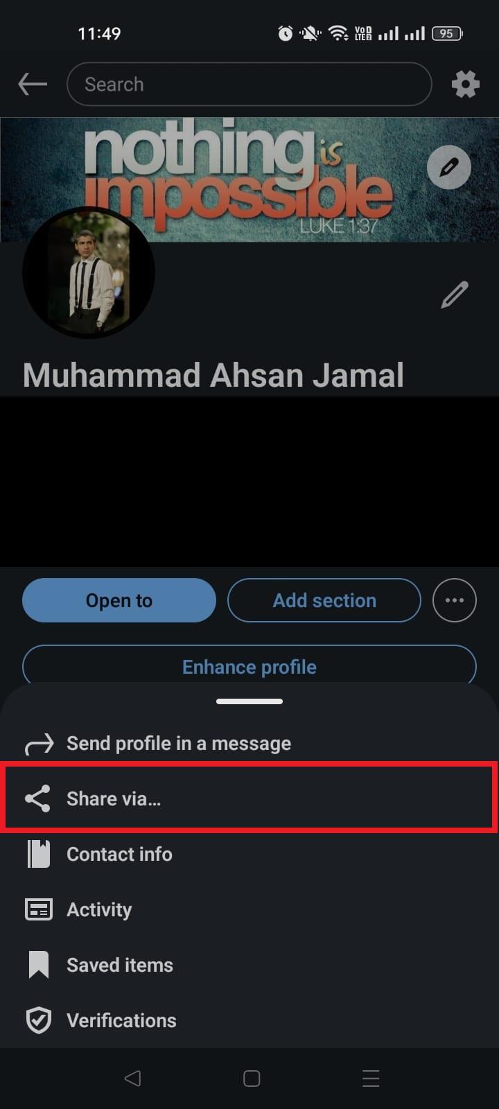 LinkedIn Share profile via... option on mobile