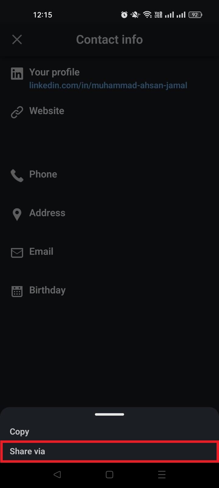 LinkedIn Share via option on smartphone