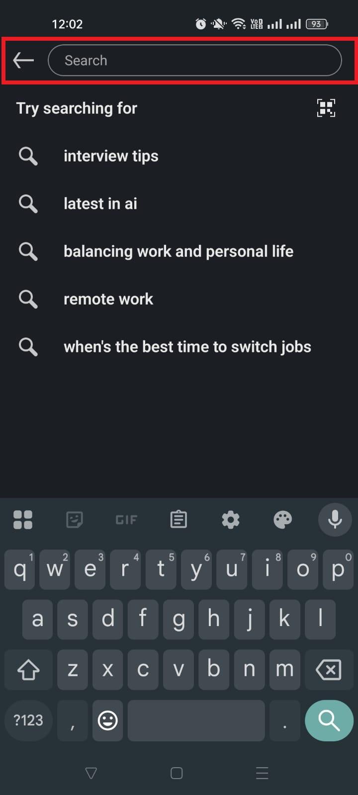 LinkedIn search bar on mobile
