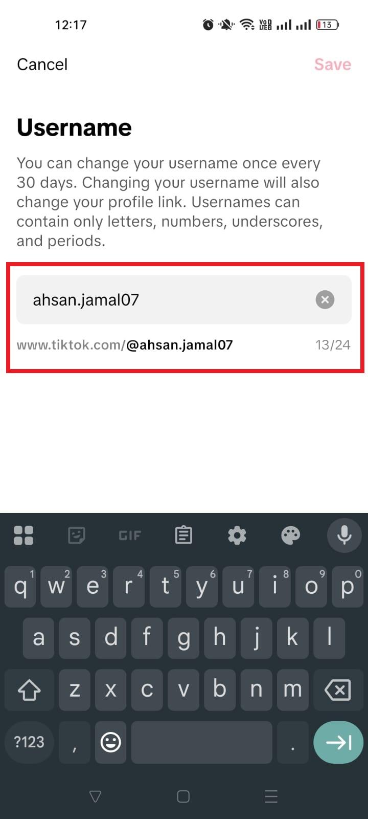 TikTok current username on mobile
