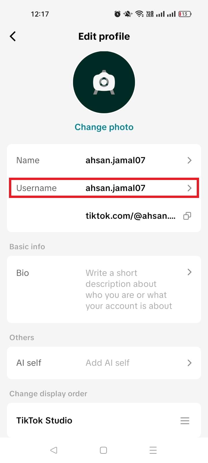 TikTok edit username option on mobile