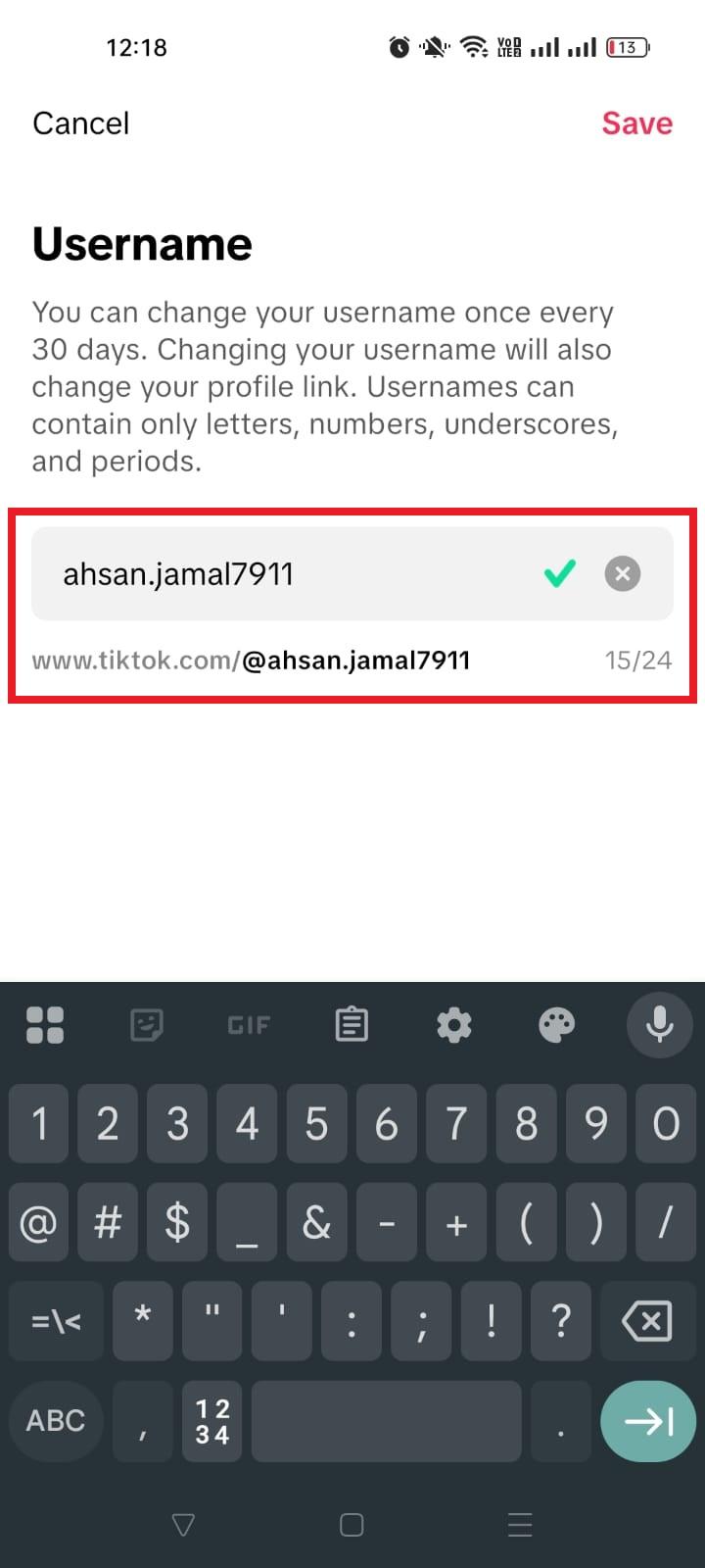 TikTok new or updated username on mobile