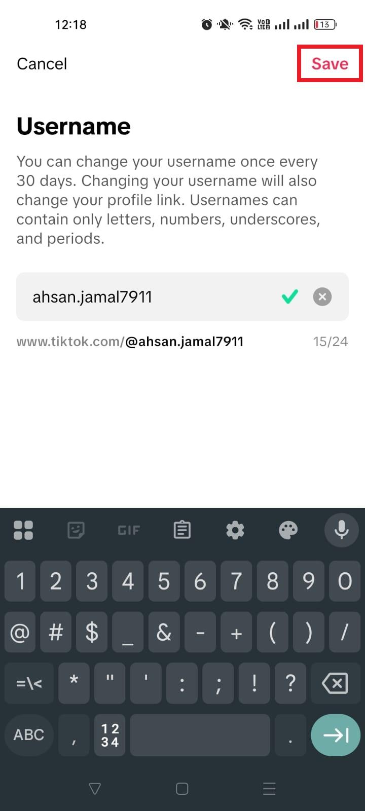 TikTok save username option on mobile