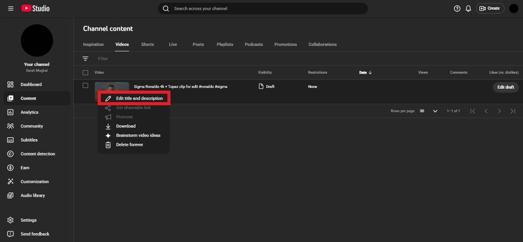 Edit (pencil) icon inside YouTube Studio web app