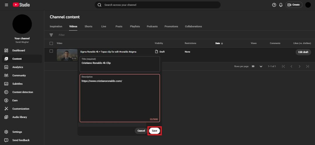 Save button inside the YouTube Studio web app