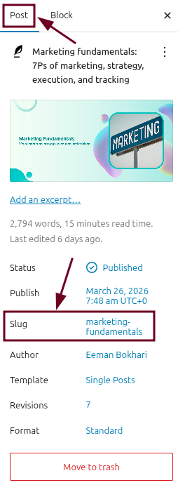 Locate the slug field inside WordPress